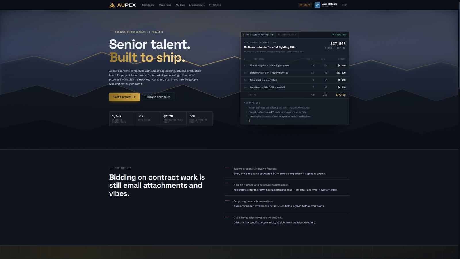Aupex.dev — a talent marketplace landing page beside a structured statement of work with milestones and costs