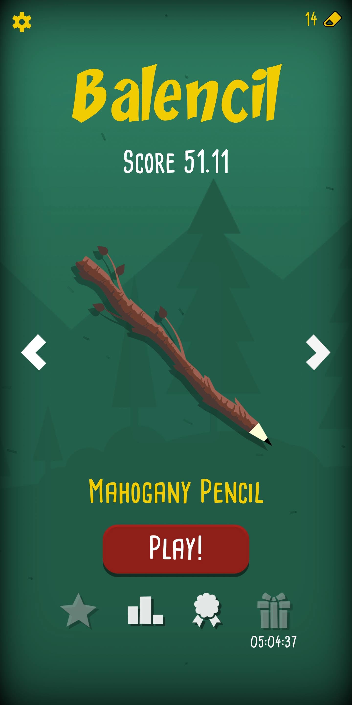 Balencil title screen — a mahogany pencil balanced against a green forest backdrop