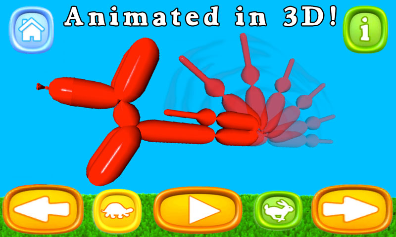 Balloon Animals — a red balloon dog animating in 3D against a blue sky