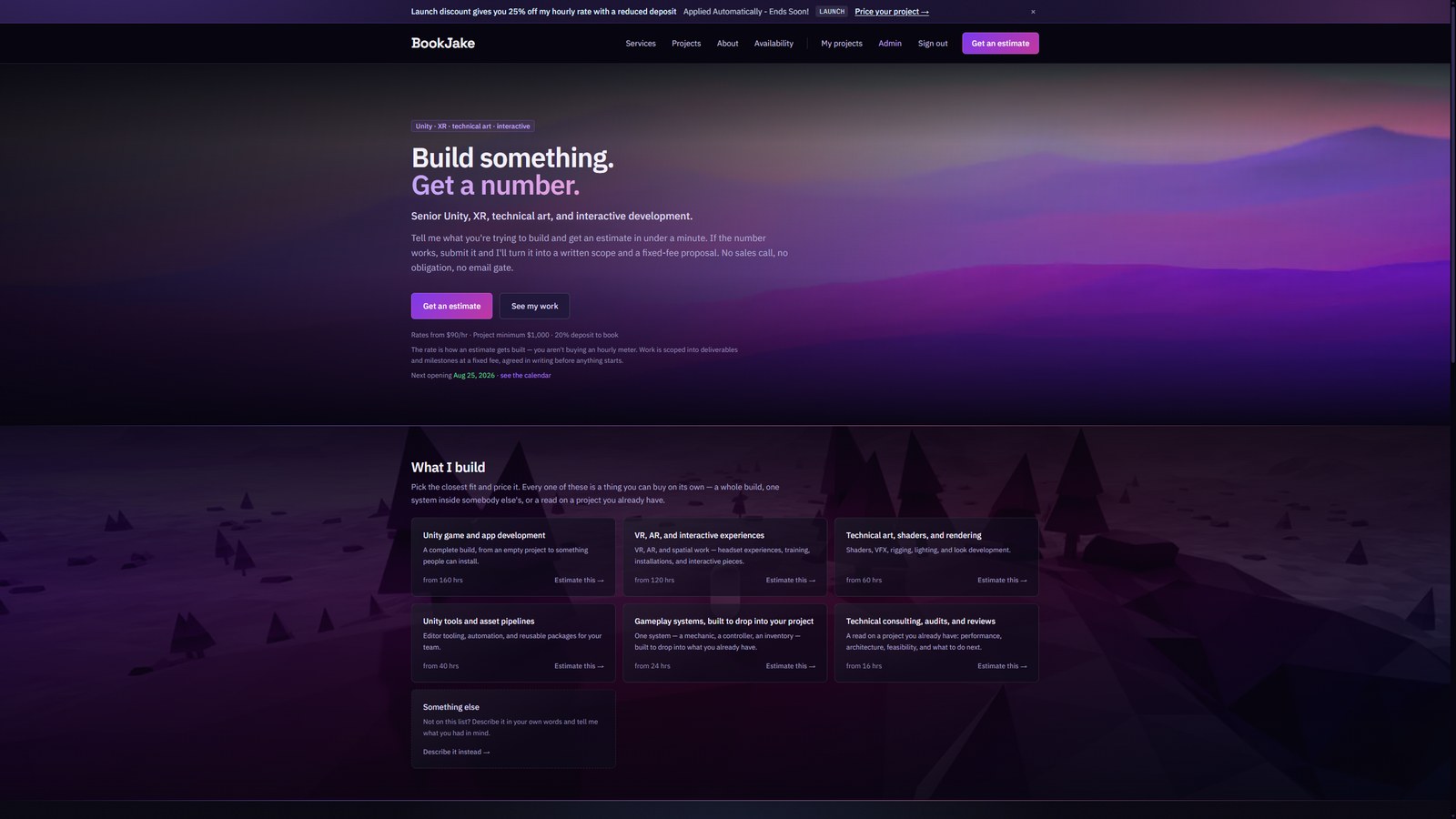 BookJake.com — a dark landing page reading Build something. Get a number., with service tiles priced by hours