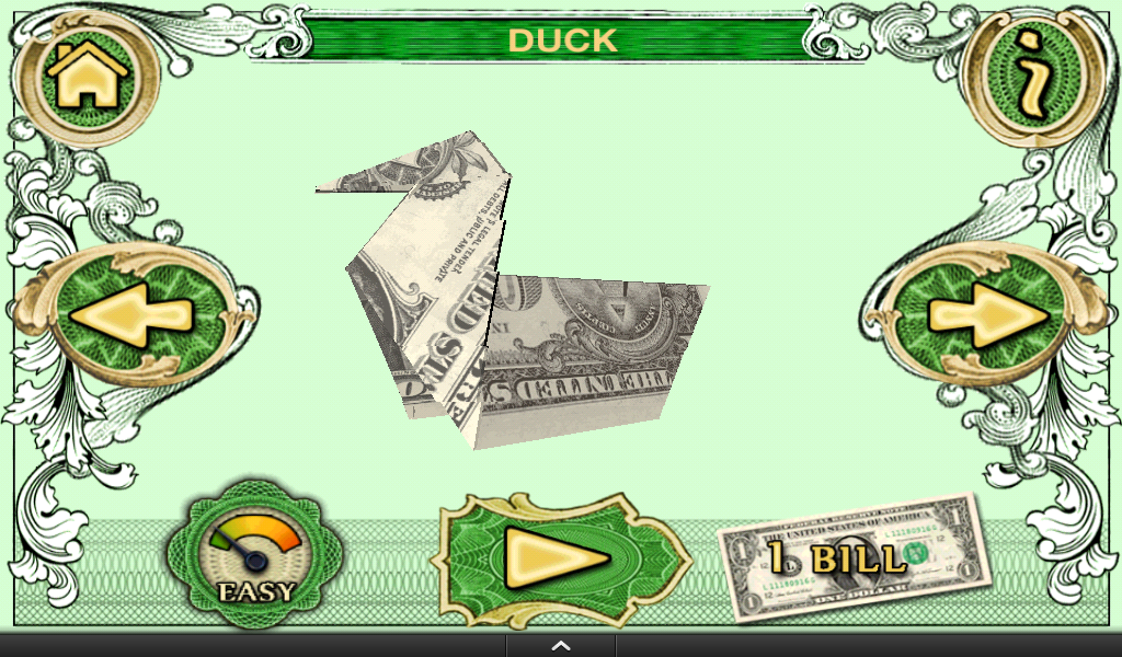 Dollar Origami — a duck folded from a dollar bill, with step and difficulty controls