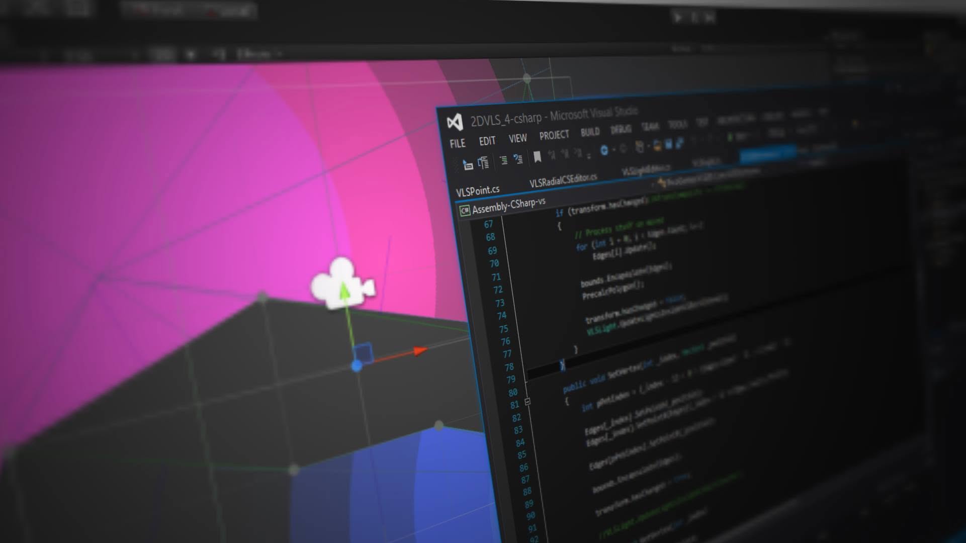 2DVLS editor tool — Unity scene view beside its C# source in Visual Studio