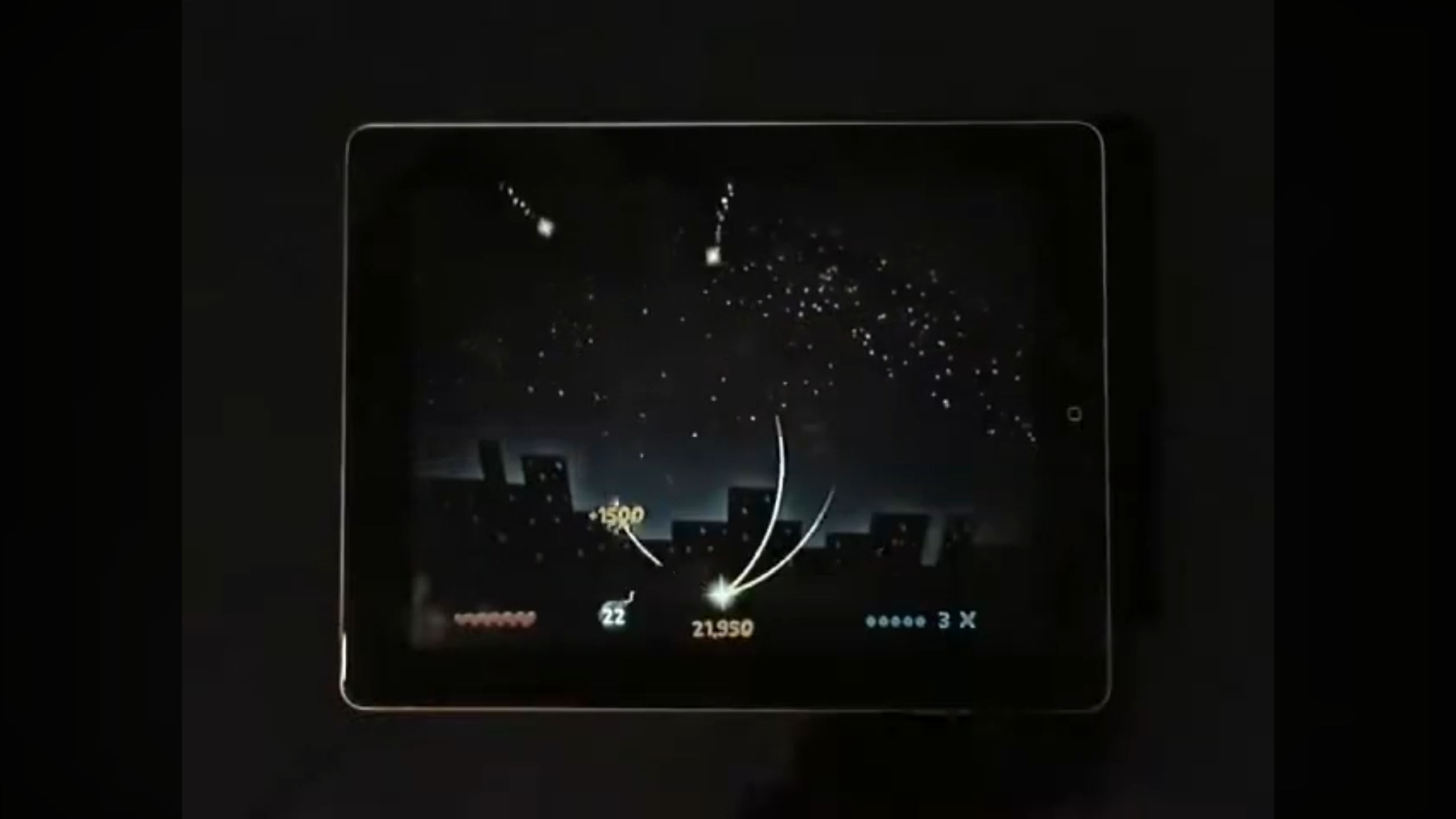 Project Stardust running on an iPad — glowing arcs traced across a night sky above a city skyline