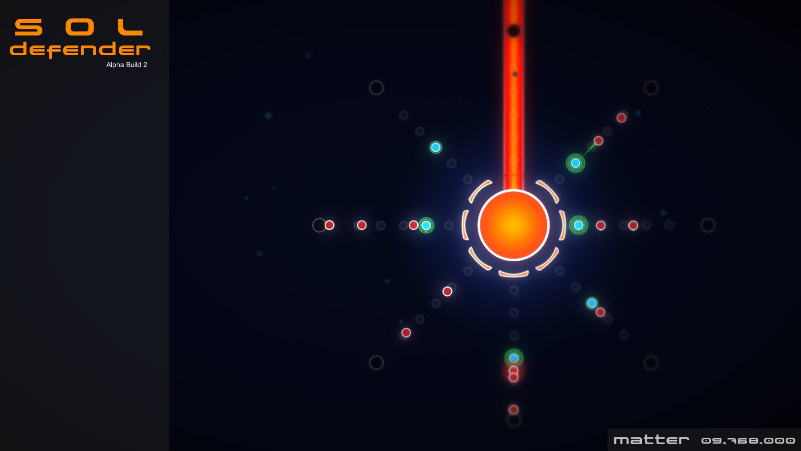 Sol Defender — a glowing sun ringed by orbital lanes of red and blue nodes