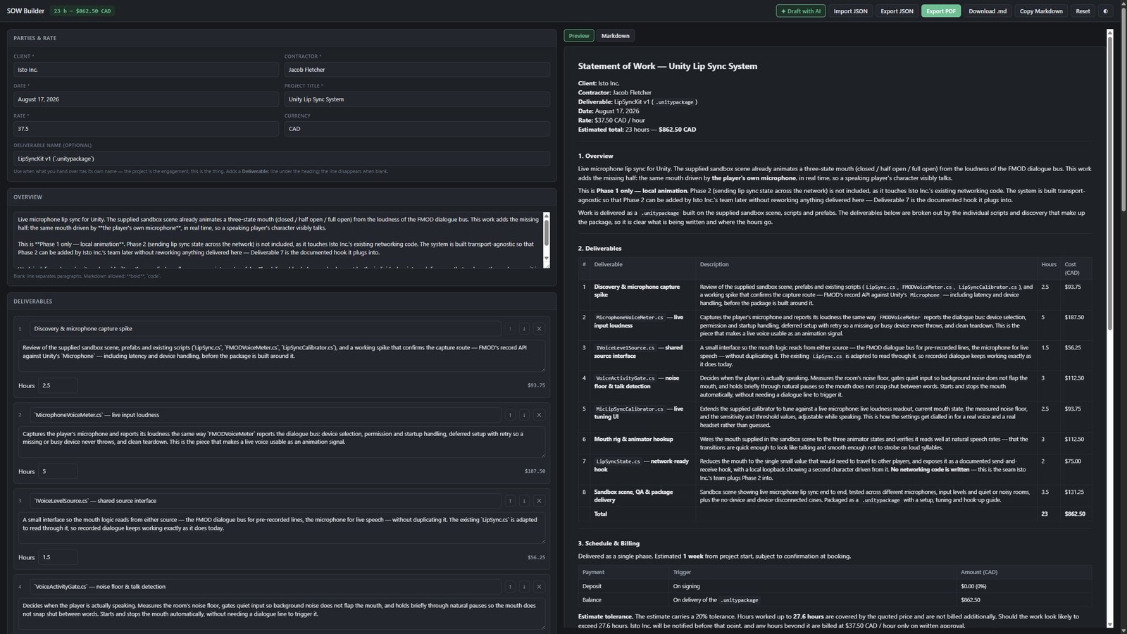 SOW Builder — a deliverables form on the left rendering a live statement of work preview on the right