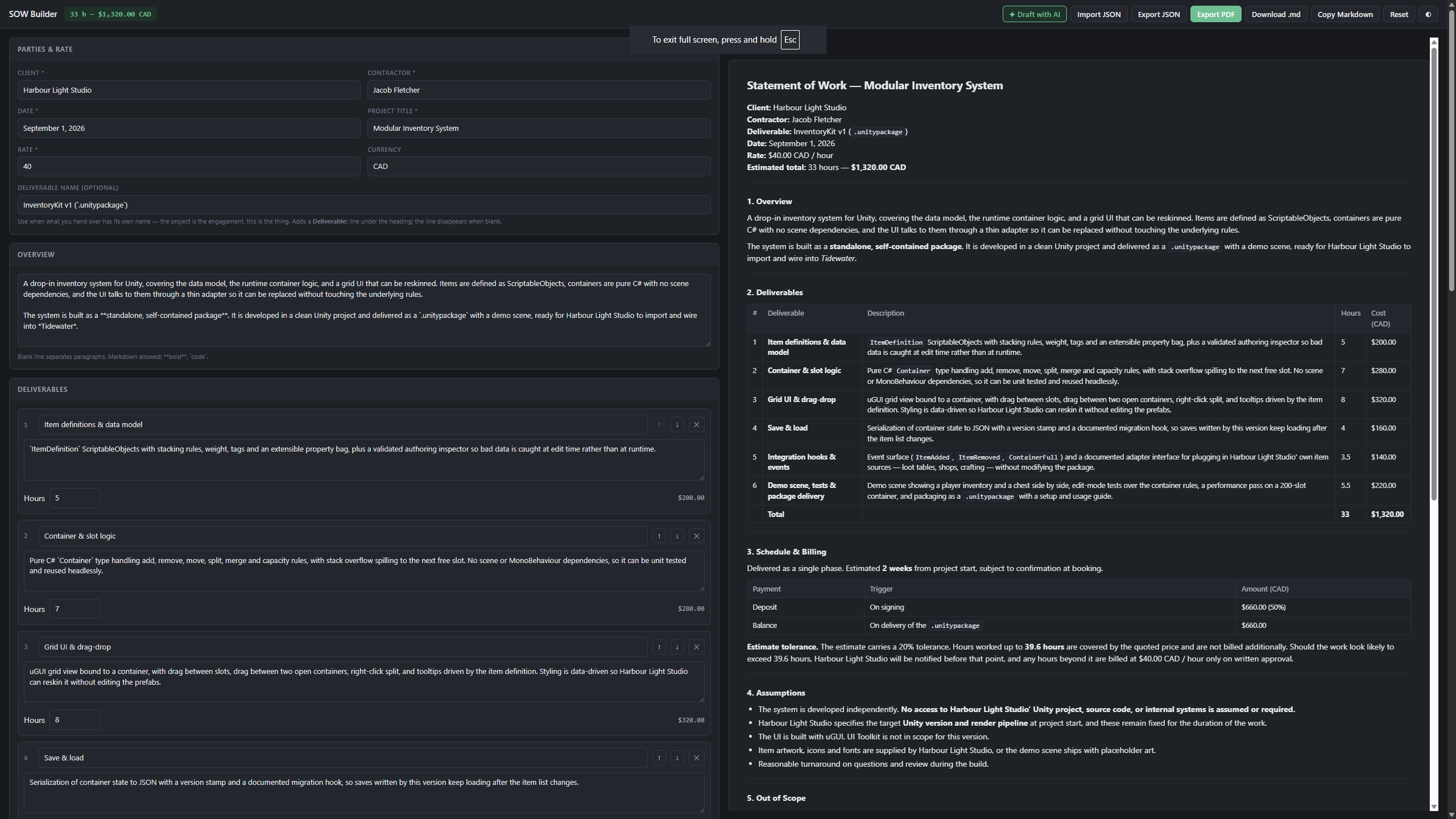 SOW Builder — a deliverables form on the left rendering a live statement of work preview on the right